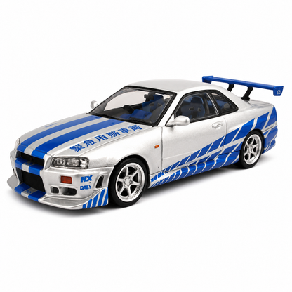 Time Micro 1:64 Nissan Skyline GT-R R34 C-West Silver & Blue Die-Cast Model Car | JDM Japanese Racing Sports Car Miniature | Detailed Collectible Scale Model with Racing Livery Display Box | Premium Nissan R34 Diecast Car for Collectors & Display