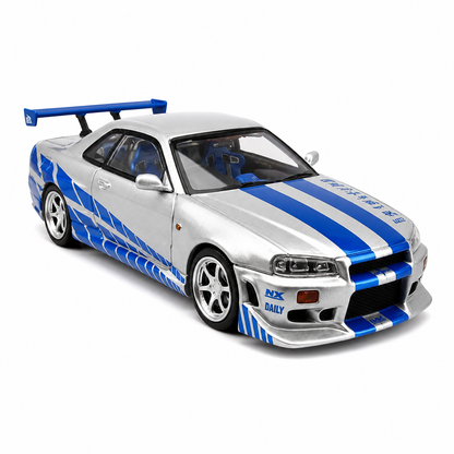 Time Micro 1:64 Nissan Skyline GT-R R34 C-West Silver & Blue Die-Cast Model Car | JDM Japanese Racing Sports Car Miniature | Detailed Collectible Scale Model with Racing Livery Display Box | Premium Nissan R34 Diecast Car for Collectors & Display