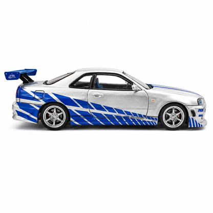 Time Micro 1:64 Nissan Skyline GT-R R34 C-West Silver & Blue Die-Cast Model Car | JDM Japanese Racing Sports Car Miniature | Detailed Collectible Scale Model with Racing Livery Display Box | Premium Nissan R34 Diecast Car for Collectors & Display