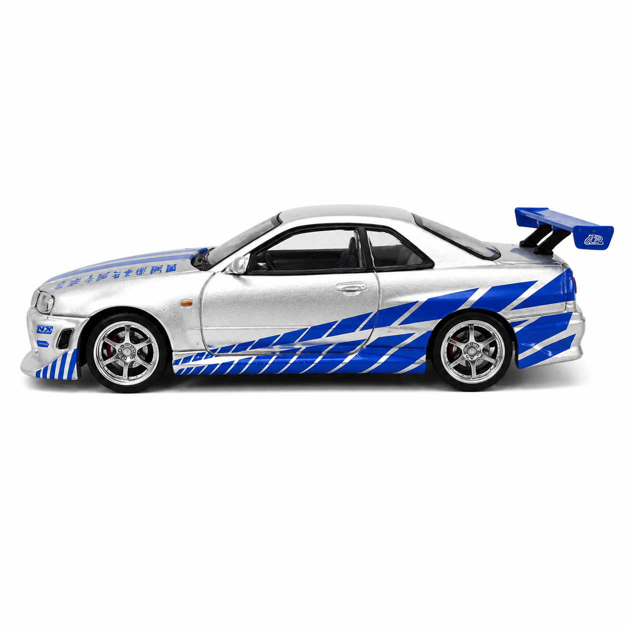 Time Micro 1:64 Nissan Skyline GT-R R34 C-West Silver & Blue Die-Cast Model Car | JDM Japanese Racing Sports Car Miniature | Detailed Collectible Scale Model with Racing Livery Display Box | Premium Nissan R34 Diecast Car for Collectors & Display