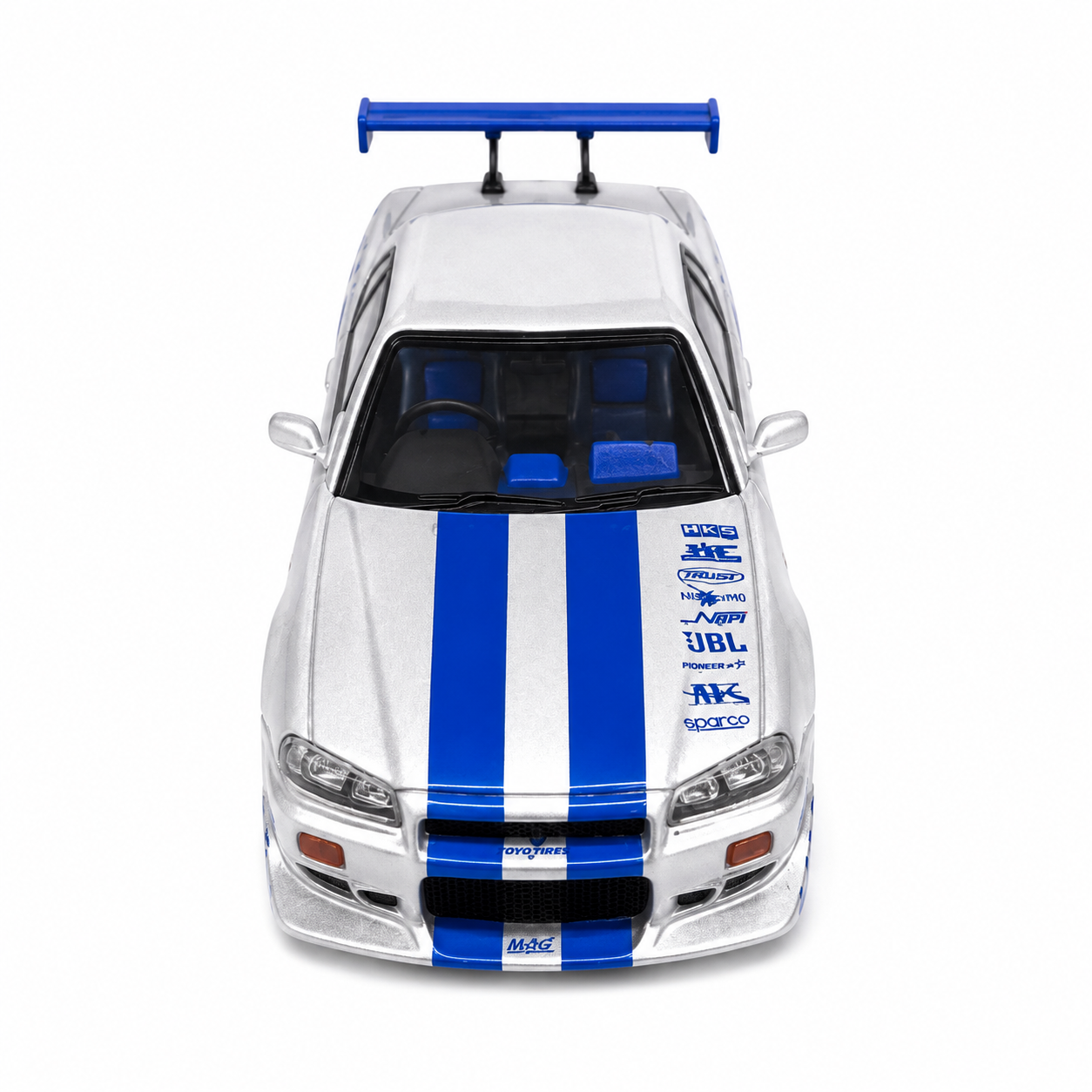 Time Micro 1:64 Nissan Skyline GT-R R34 C-West Silver & Blue Die-Cast Model Car | JDM Japanese Racing Sports Car Miniature | Detailed Collectible Scale Model with Racing Livery Display Box | Premium Nissan R34 Diecast Car for Collectors & Display
