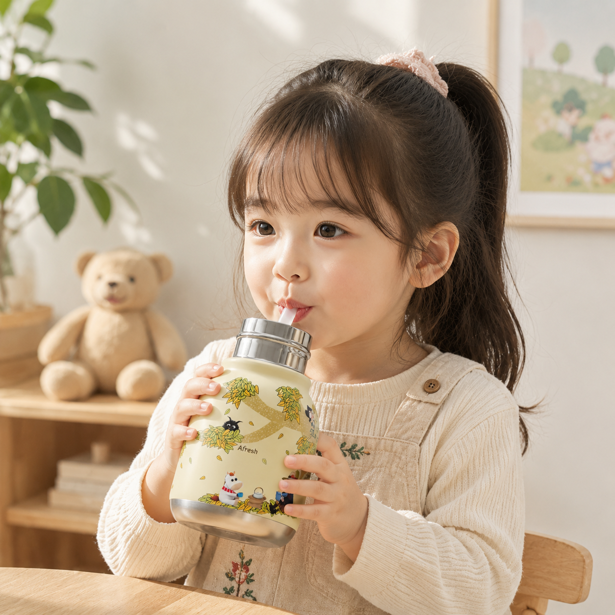 Afresh365 200ml Kids Stainless Steel Vacuum Insulated Straw Bottle with Cute Character Lid, Flexible Silicone Sipper, Leak-Proof Design & Hot & Cold Water Bottle Perfect Birthday Gift for Boys & Girls