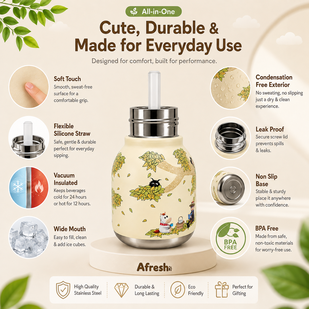 Afresh365 200ml Kids Stainless Steel Vacuum Insulated Straw Bottle with Cute Character Lid, Flexible Silicone Sipper, Leak-Proof Design & Hot & Cold Water Bottle Perfect Birthday Gift for Boys & Girls