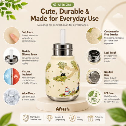 Afresh365 200ml Kids Stainless Steel Vacuum Insulated Straw Bottle with Cute Character Lid, Flexible Silicone Sipper, Leak-Proof Design & Hot & Cold Water Bottle Perfect Birthday Gift for Boys & Girls