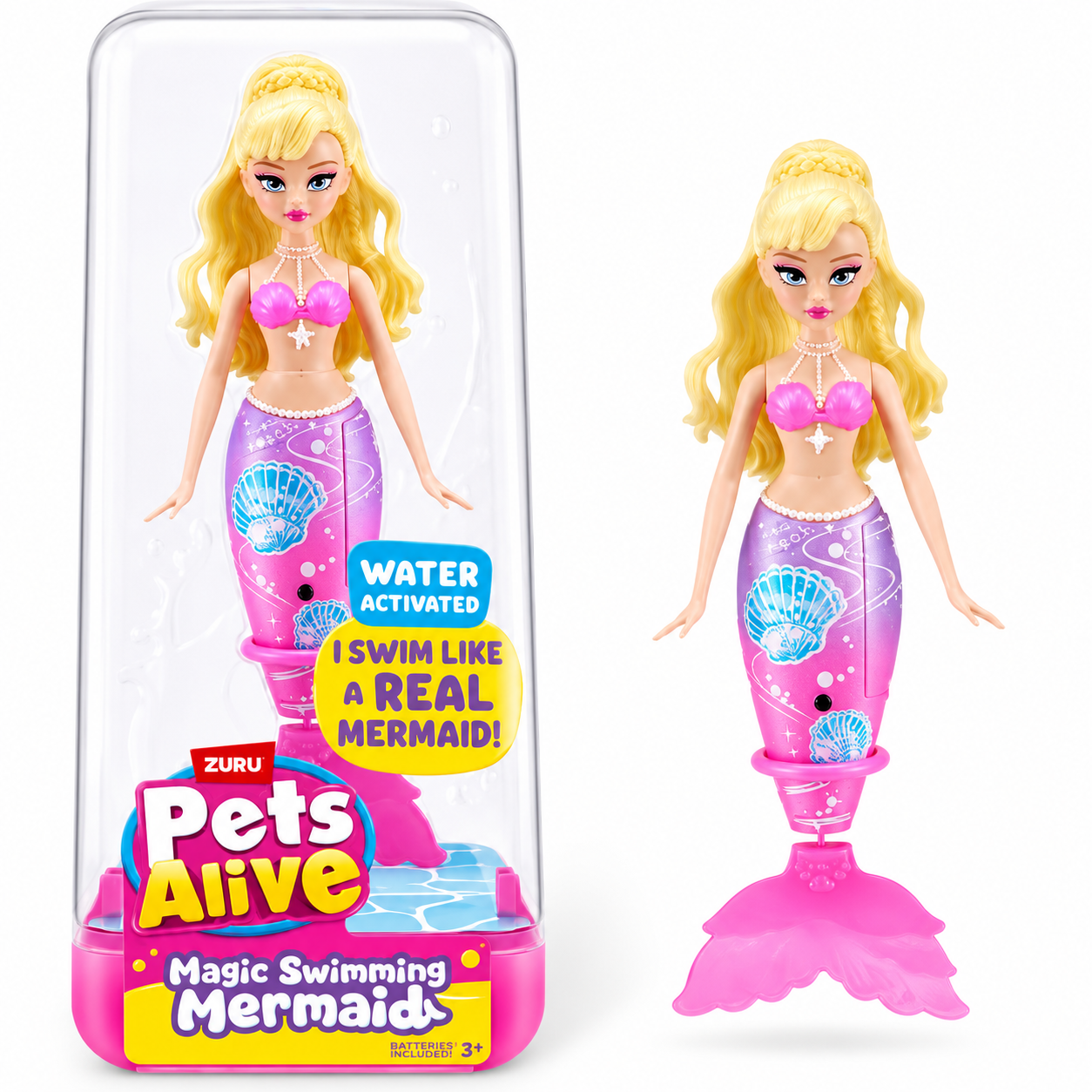 Zuru Pets Alive Magic Swimming Mermaid Doll – Water-Activated Interactive Mermaid Toy with Moving Tail, Realistic Swimming Action, Colourful Fantasy Design, Bath Time, Pool & Water Play Toy for Kids