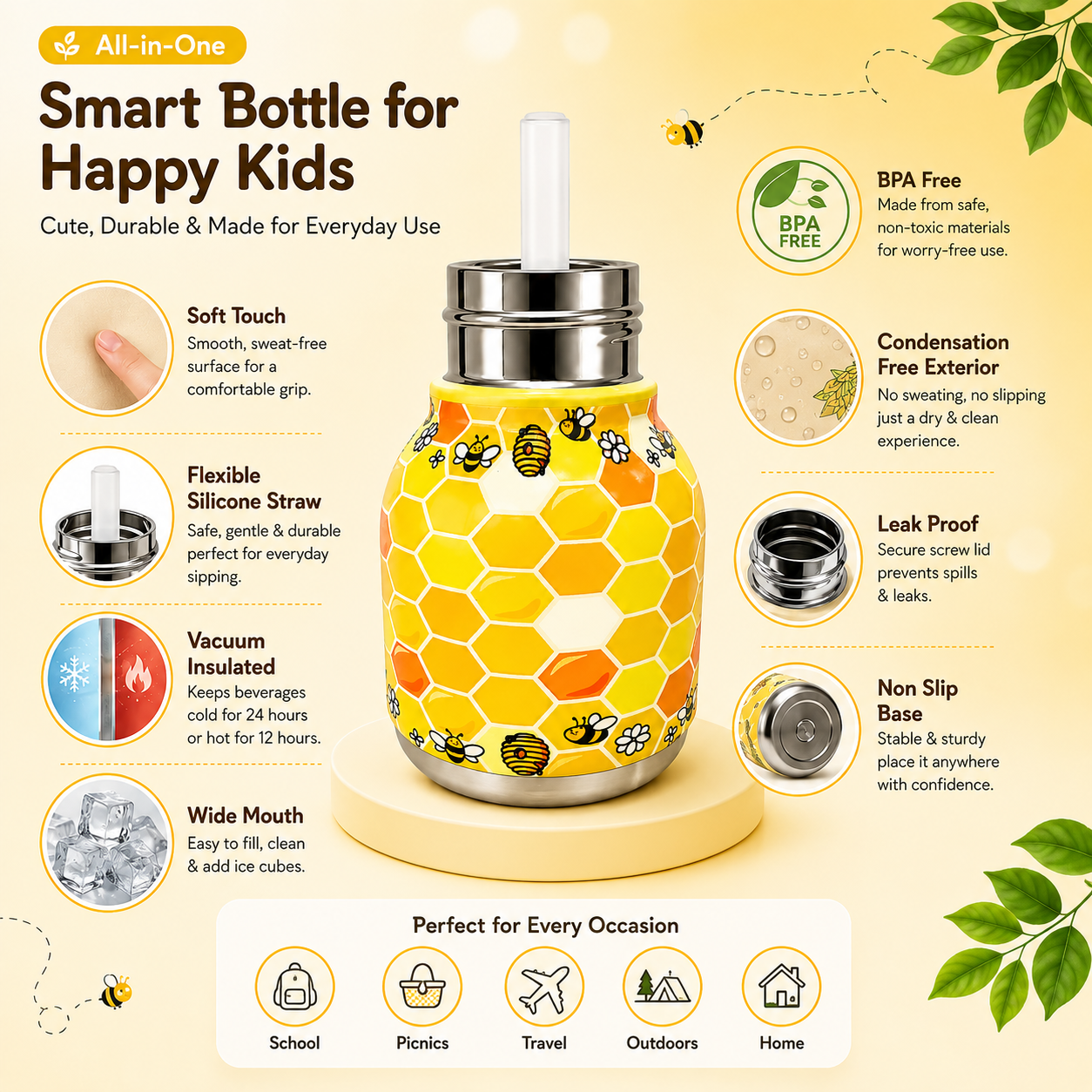 Afresh 200ml Vacuum Cup Stainless Steel Water Bottle – Yellow Kids Water Bottle with Cute Character Design, Insulated Drinking Cup for School, Travel & Everyday Use
