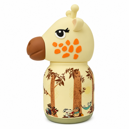 Afresh365 200ml Vacuum Insulated Stainless Steel Water Bottle for Kids – Giraffe Fun Character Design, Cute Kids Drinking Cup with Silicon Straw, Hot & Cold Bottle for School, Travel & Everyday Use