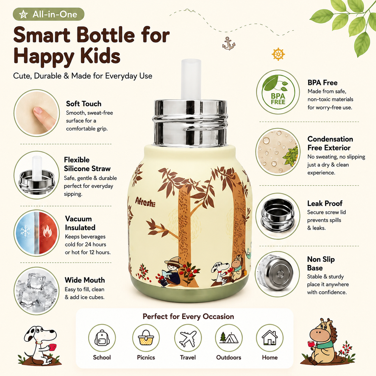 Afresh365 200ml Vacuum Insulated Stainless Steel Water Bottle for Kids – Giraffe Fun Character Design, Cute Kids Drinking Cup with Silicon Straw, Hot & Cold Bottle for School, Travel & Everyday Use