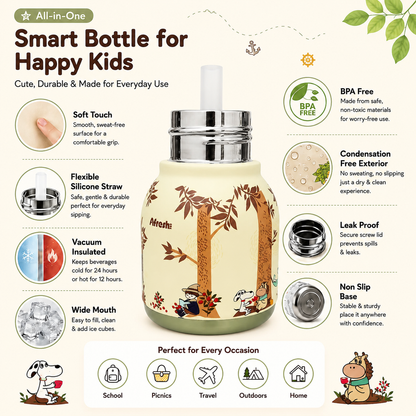 Afresh365 200ml Vacuum Insulated Stainless Steel Water Bottle for Kids – Giraffe Fun Character Design, Cute Kids Drinking Cup with Silicon Straw, Hot & Cold Bottle for School, Travel & Everyday Use