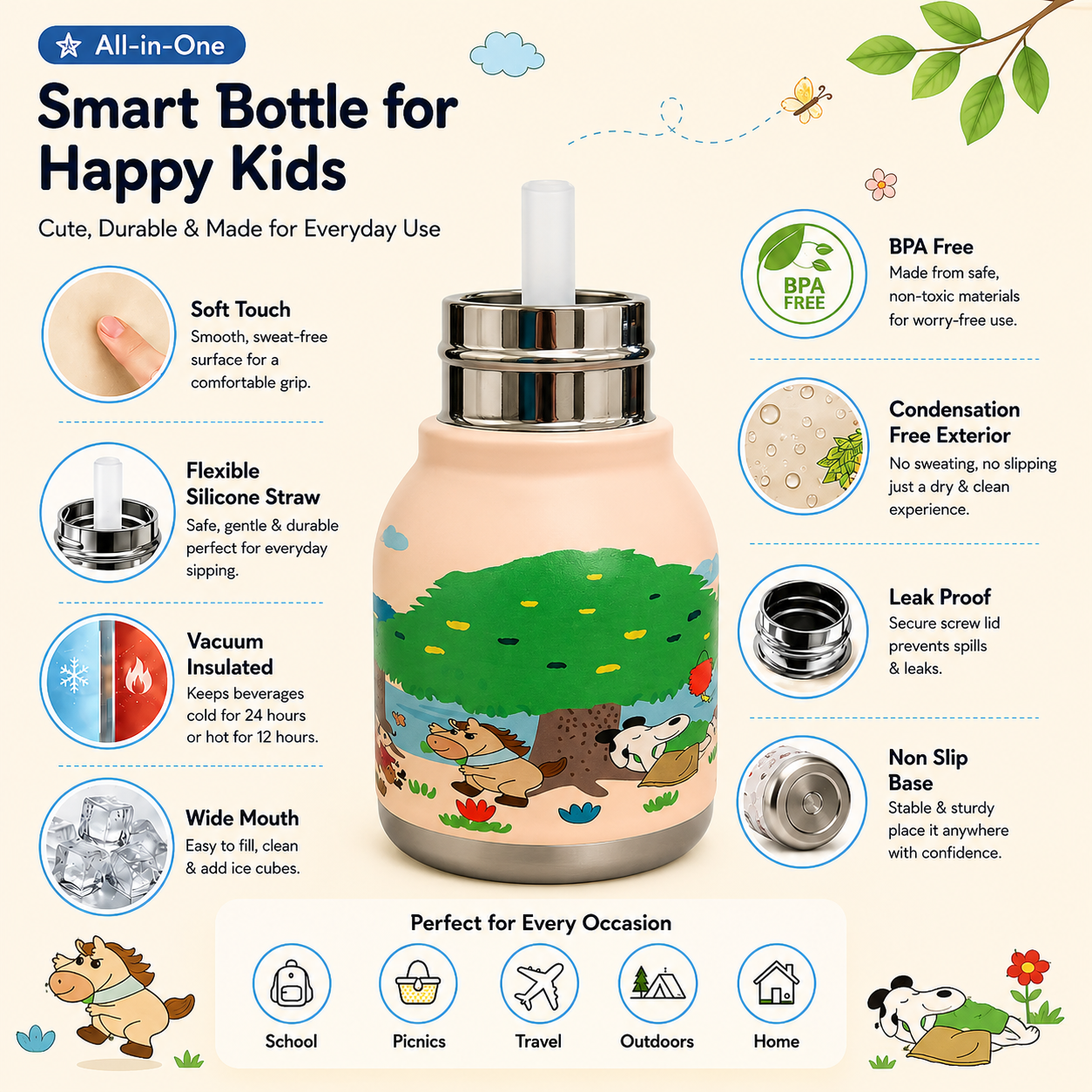 Afresh365 200ml Kids Water Bottle – Vacuum Insulated Stainless Steel Water Bottle with Straw, Cute Elephant Character Drinking Bottle for Boys & Girls, Hot & Cold Water Bottle for School, Travel, Picnic & Everyday Use