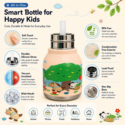 Afresh365 200ml Kids Water Bottle – Vacuum Insulated Stainless Steel Water Bottle with Straw, Cute Elephant Character Drinking Bottle for Boys & Girls, Hot & Cold Water Bottle for School, Travel, Picnic & Everyday Use
