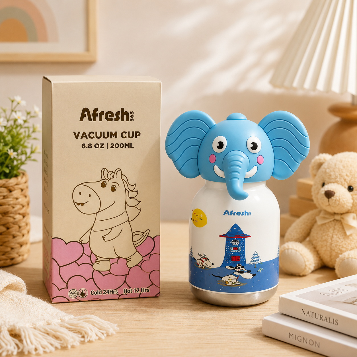 Afresh365 200ml Kids Water Bottle – Vacuum Insulated Stainless Steel Water Bottle with Straw, Cute Elephant Character Drinking Bottle for Boys & Girls, Hot & Cold Water Bottle for School, Travel, Picnic & Everyday Use