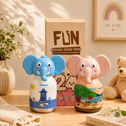 Afresh365 200ml Kids Water Bottle – Vacuum Insulated Stainless Steel Water Bottle with Straw, Cute Elephant Character Drinking Bottle for Boys & Girls, Hot & Cold Water Bottle for School, Travel, Picnic & Everyday Use