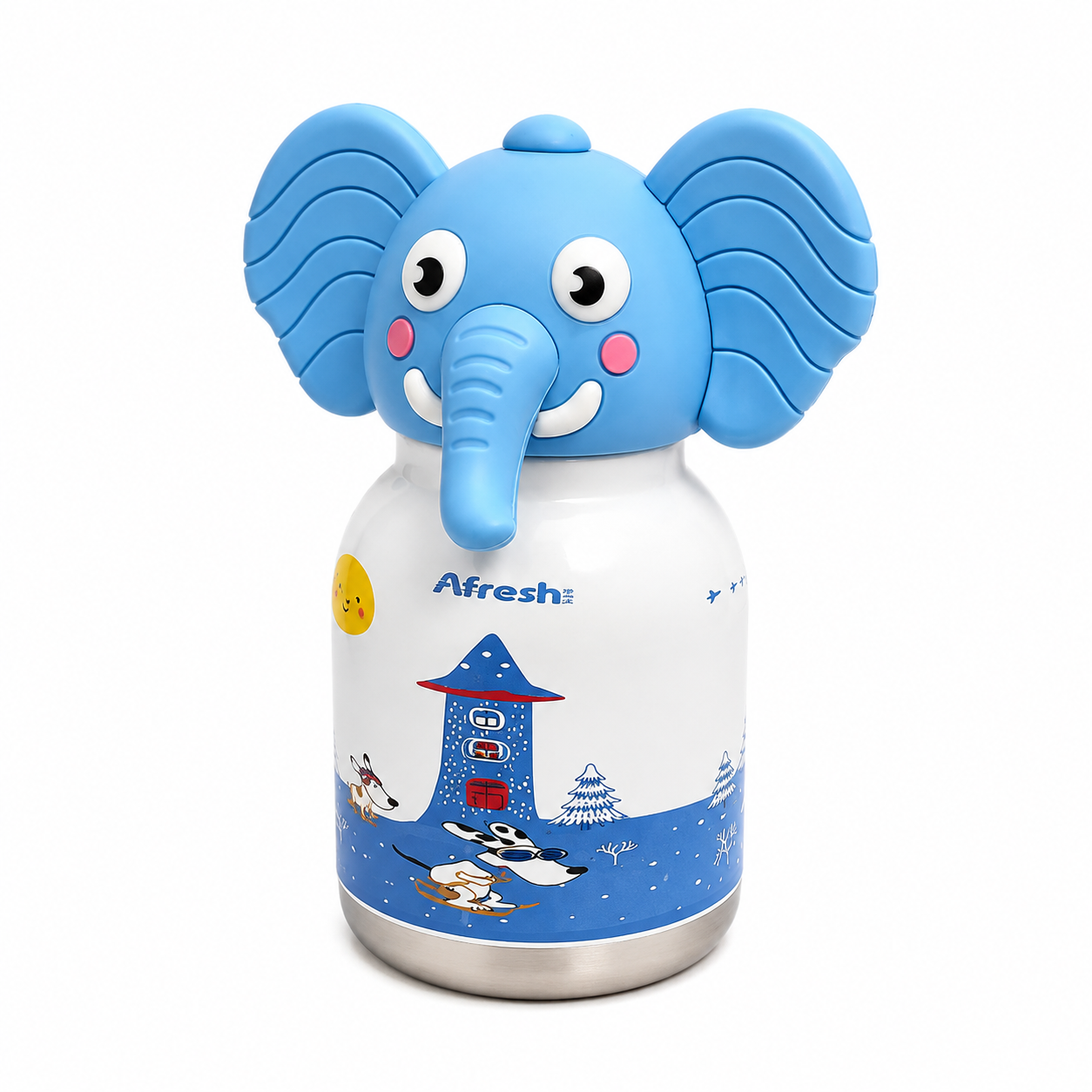 Afresh365 200ml Kids Water Bottle – Vacuum Insulated Stainless Steel Water Bottle with Straw, Cute Elephant Character Drinking Bottle for Boys & Girls, Hot & Cold Water Bottle for School, Travel, Picnic & Everyday Use