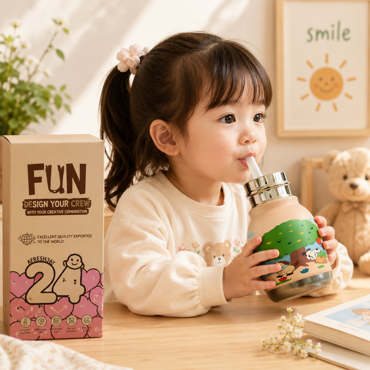 Afresh365 200ml Kids Water Bottle – Vacuum Insulated Stainless Steel Water Bottle with Straw, Cute Elephant Character Drinking Bottle for Boys & Girls, Hot & Cold Water Bottle for School, Travel, Picnic & Everyday Use