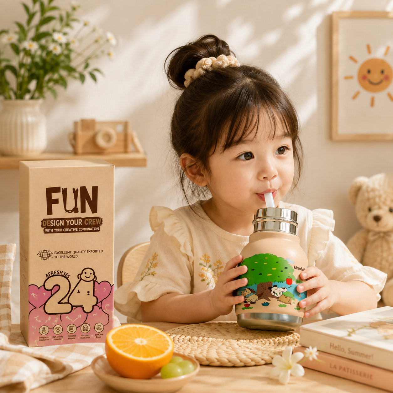 Afresh365 200ml Kids Water Bottle – Vacuum Insulated Stainless Steel Water Bottle with Straw, Cute Elephant Character Drinking Bottle for Boys & Girls, Hot & Cold Water Bottle for School, Travel, Picnic & Everyday Use