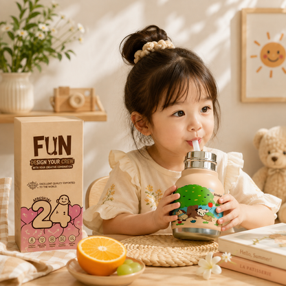 Afresh365 200ml Kids Water Bottle – Vacuum Insulated Stainless Steel Water Bottle with Straw, Cute Elephant Character Drinking Bottle for Boys & Girls, Hot & Cold Water Bottle for School, Travel, Picnic & Everyday Use