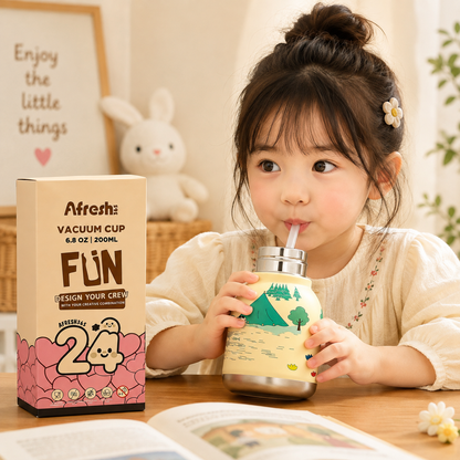 Afresh365 200ml Kids Stainless Steel Vacuum Insulated Water Bottle with Straw & White Dog Cute Character Lid | Leak-Proof Silicone Sipper Bottle for Boys & Girls | Hot & Cold Water Bottle for School, Travel & Birthday Gift