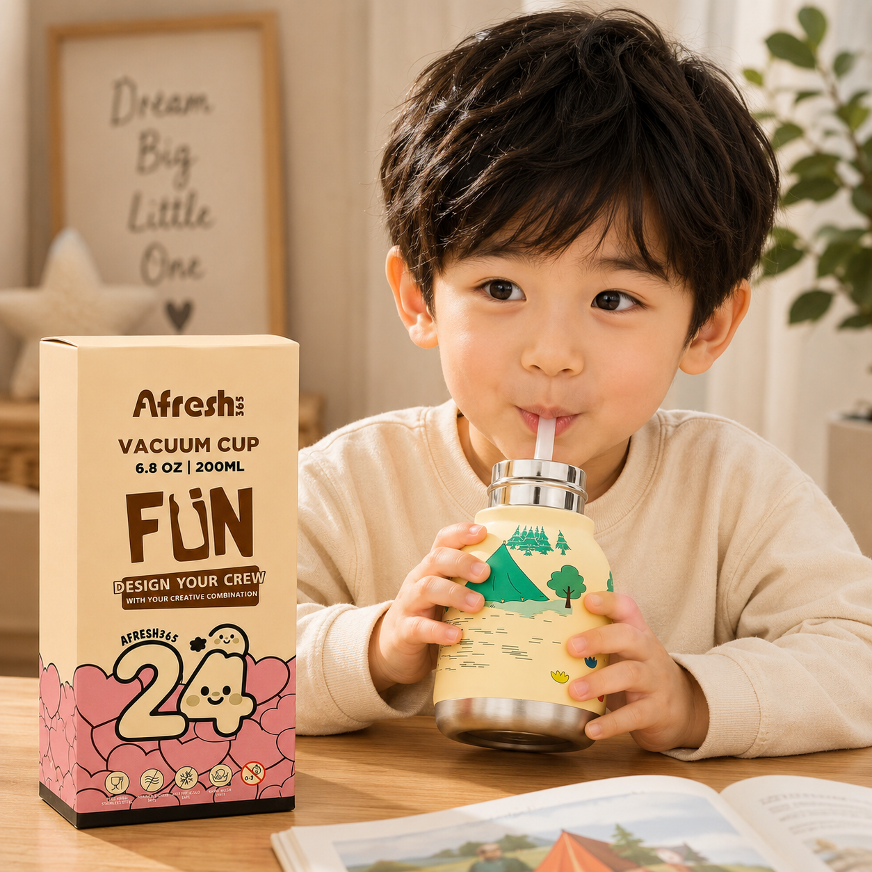 Afresh365 200ml Kids Stainless Steel Vacuum Insulated Water Bottle with Straw & White Dog Cute Character Lid | Leak-Proof Silicone Sipper Bottle for Boys & Girls | Hot & Cold Water Bottle for School, Travel & Birthday Gift