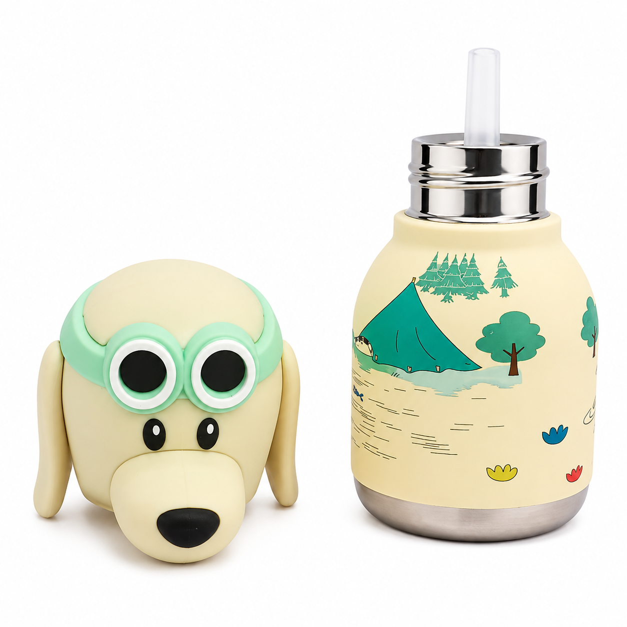 Afresh365 200ml Kids Stainless Steel Vacuum Insulated Water Bottle with Straw & White Dog Cute Character Lid | Leak-Proof Silicone Sipper Bottle for Boys & Girls | Hot & Cold Water Bottle for School, Travel & Birthday Gift