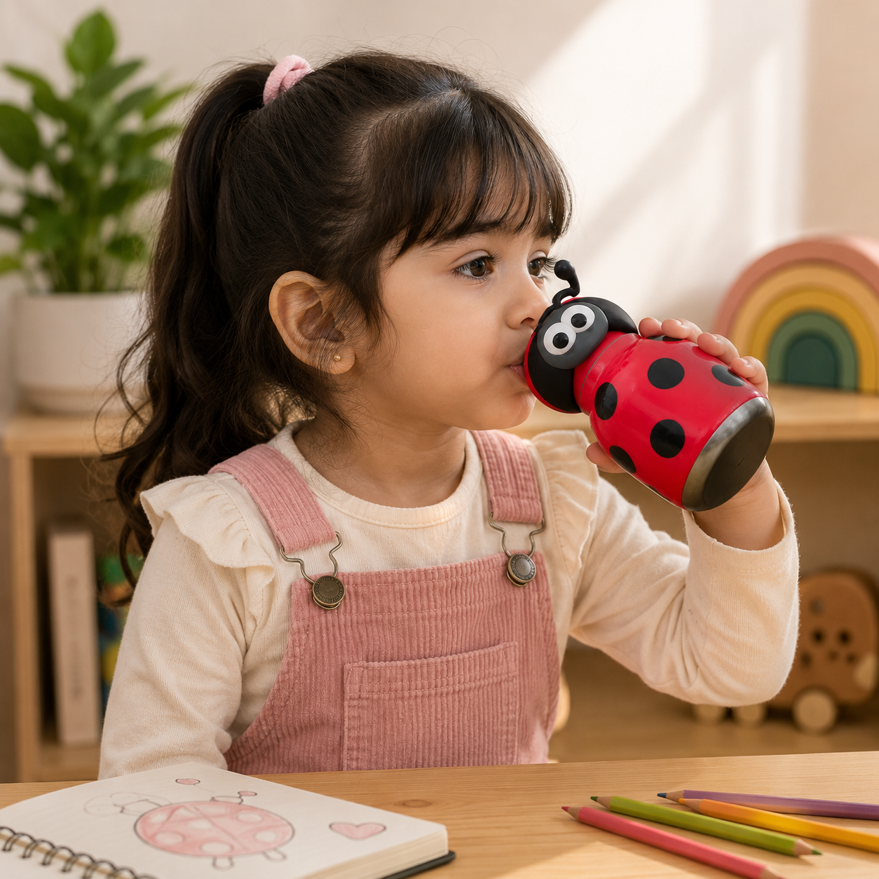 Afresh365 200ml Kids Stainless Steel Vacuum Insulated Water Bottle with Straw & Ladybug Cute Character Lid | Leak-Proof Silicone Sipper Bottle for Boys & Girls | Hot & Cold Water Bottle for School, Travel & Birthday Gift