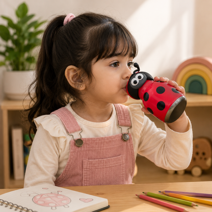 Afresh365 200ml Kids Stainless Steel Vacuum Insulated Water Bottle with Straw & Ladybug Cute Character Lid | Leak-Proof Silicone Sipper Bottle for Boys & Girls | Hot & Cold Water Bottle for School, Travel & Birthday Gift