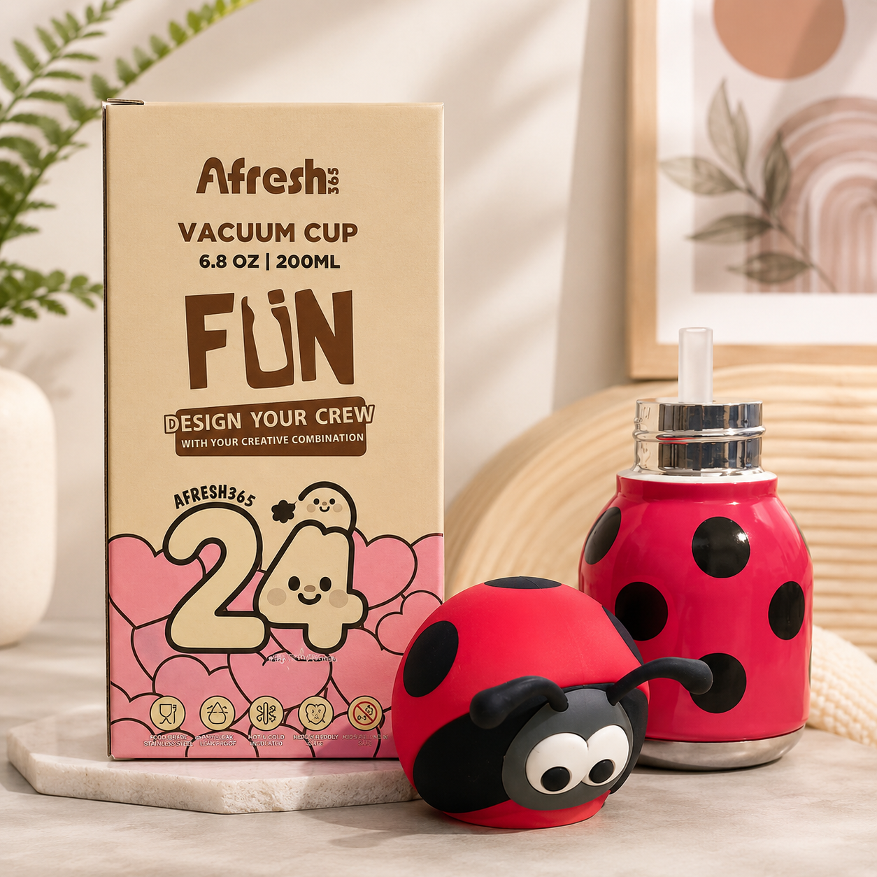 Afresh365 200ml Kids Stainless Steel Vacuum Insulated Water Bottle with Straw & Ladybug Cute Character Lid | Leak-Proof Silicone Sipper Bottle for Boys & Girls | Hot & Cold Water Bottle for School, Travel & Birthday Gift
