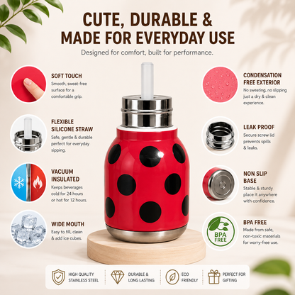 Afresh365 200ml Kids Stainless Steel Vacuum Insulated Water Bottle with Straw & Ladybug Cute Character Lid | Leak-Proof Silicone Sipper Bottle for Boys & Girls | Hot & Cold Water Bottle for School, Travel & Birthday Gift