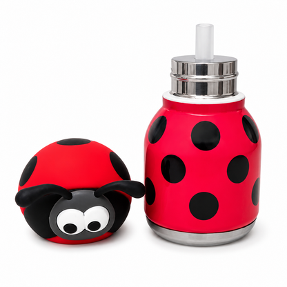 Afresh365 200ml Kids Stainless Steel Vacuum Insulated Water Bottle with Straw & Ladybug Cute Character Lid | Leak-Proof Silicone Sipper Bottle for Boys & Girls | Hot & Cold Water Bottle for School, Travel & Birthday Gift