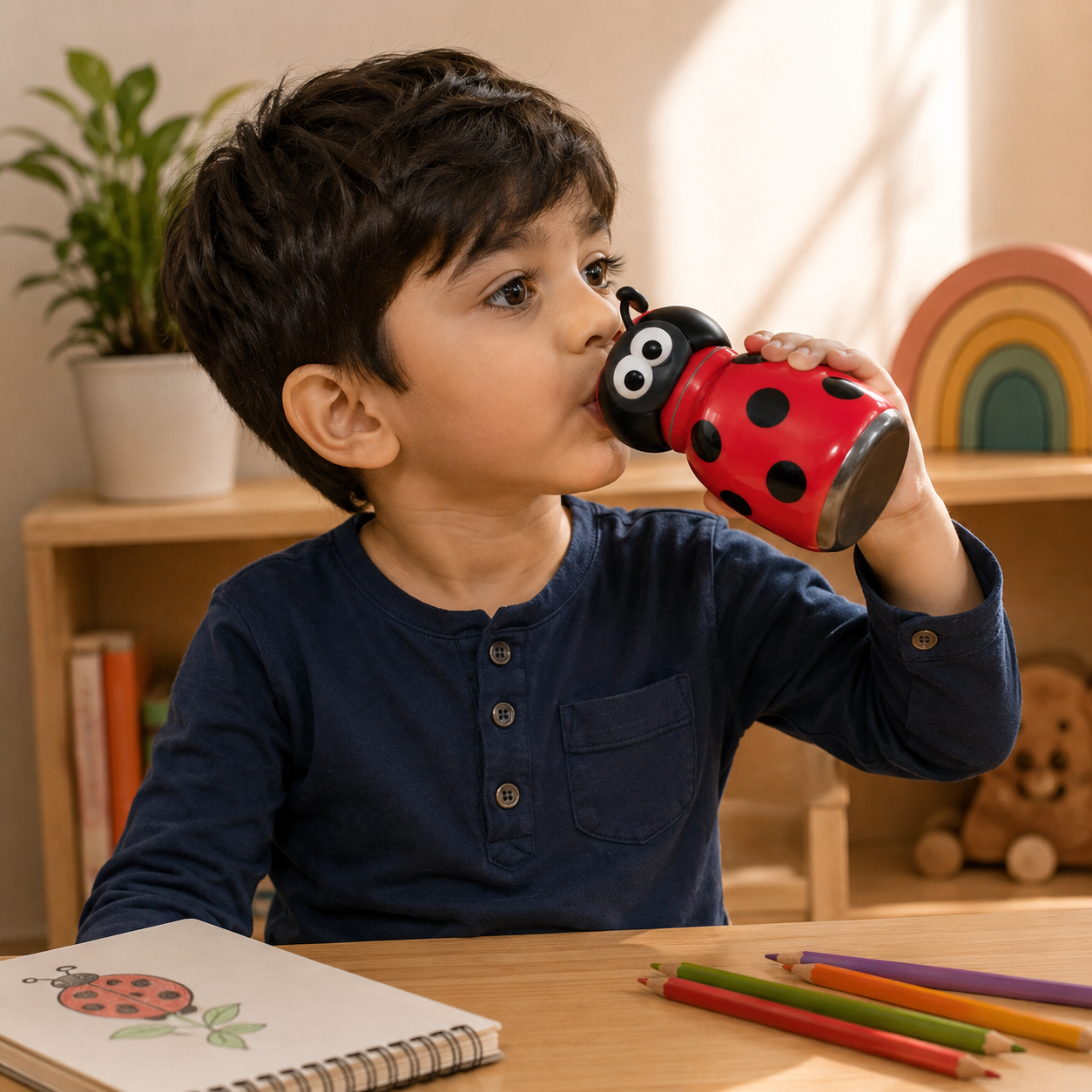 Afresh365 200ml Kids Stainless Steel Vacuum Insulated Water Bottle with Straw & Ladybug Cute Character Lid | Leak-Proof Silicone Sipper Bottle for Boys & Girls | Hot & Cold Water Bottle for School, Travel & Birthday Gift