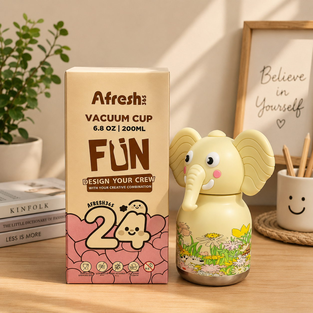 Afresh365 200ml Kids Water Bottle – Vacuum Insulated Stainless Steel Water Bottle with Straw, Cute Elephant Character Drinking Bottle for Boys & Girls, Hot & Cold Water Bottle for School, Travel, Picnic & Everyday Use