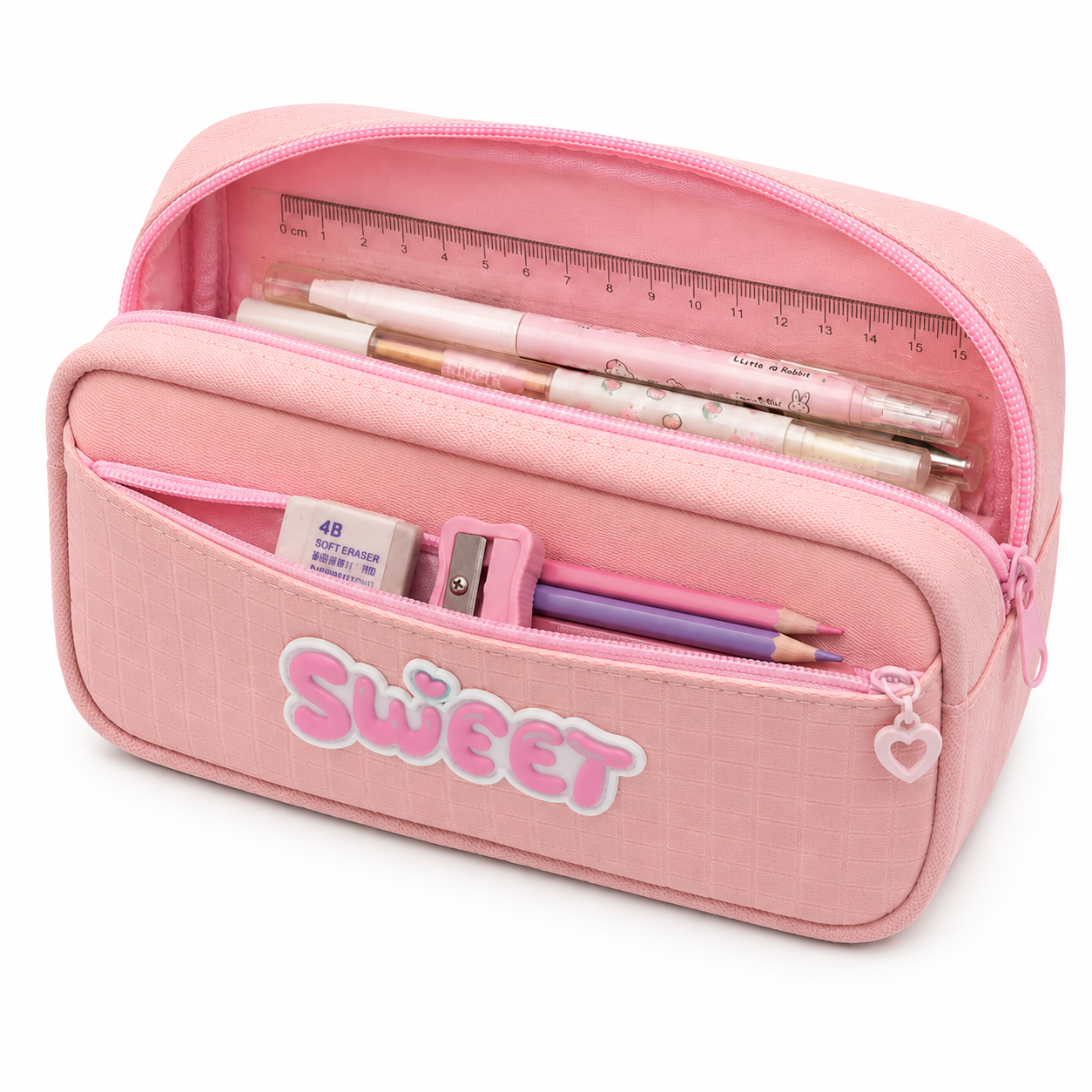 Sweet Pink Pencil Case for Girls – Box-Shaped School Pencil Pouch with Zipper Storage & Heart Charm