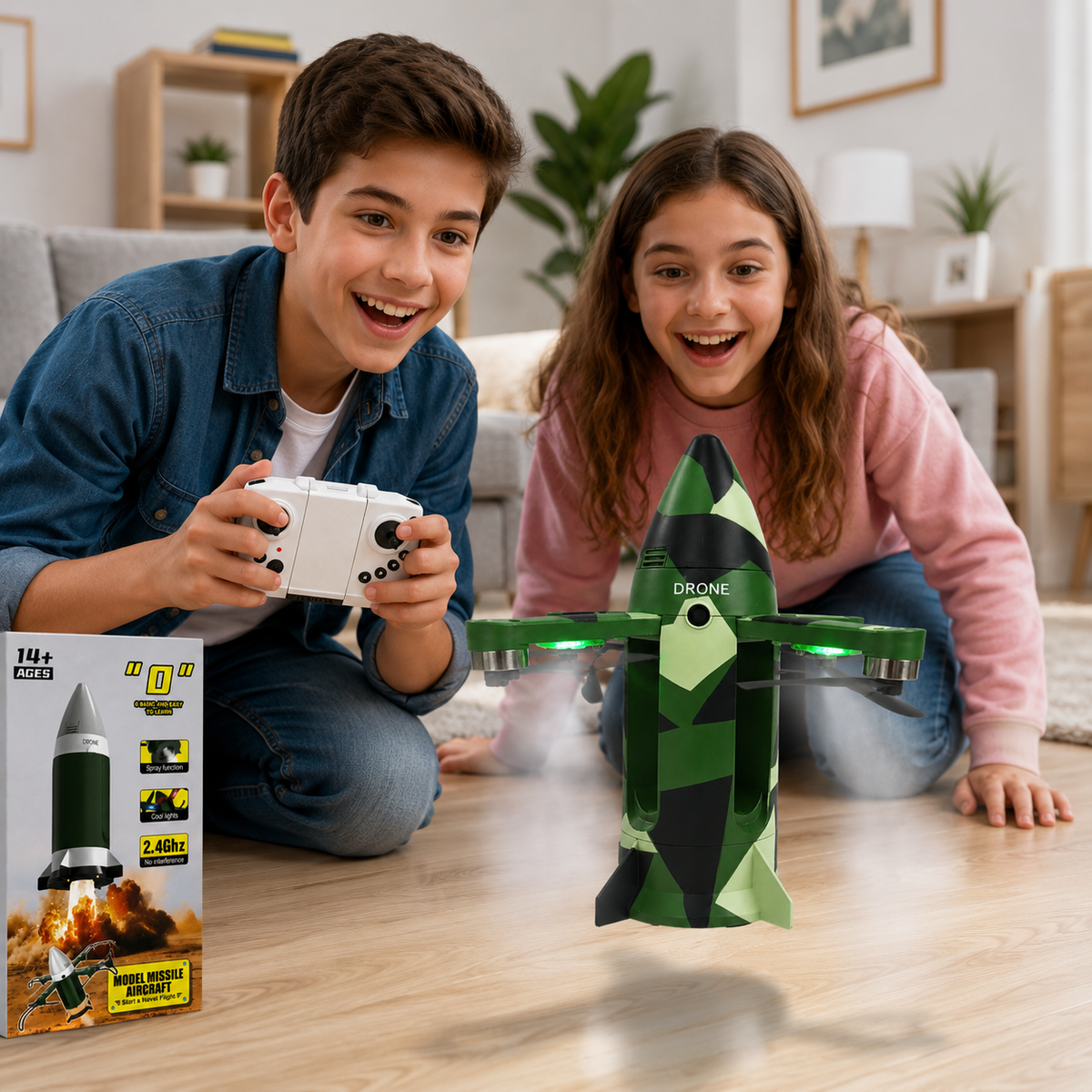 Model Missile Aircraft 2.4GHz Remote Control Drone with Spray Function, Cool LED Lights, Foldable Arms & Rechargeable Battery – Easy to Fly RC Flying Toy, Green Camouflage