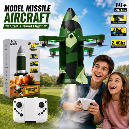 Model Missile Aircraft 2.4GHz Remote Control Drone with Spray Function, Cool LED Lights, Foldable Arms & Rechargeable Battery – Easy to Fly RC Flying Toy, Green Camouflage