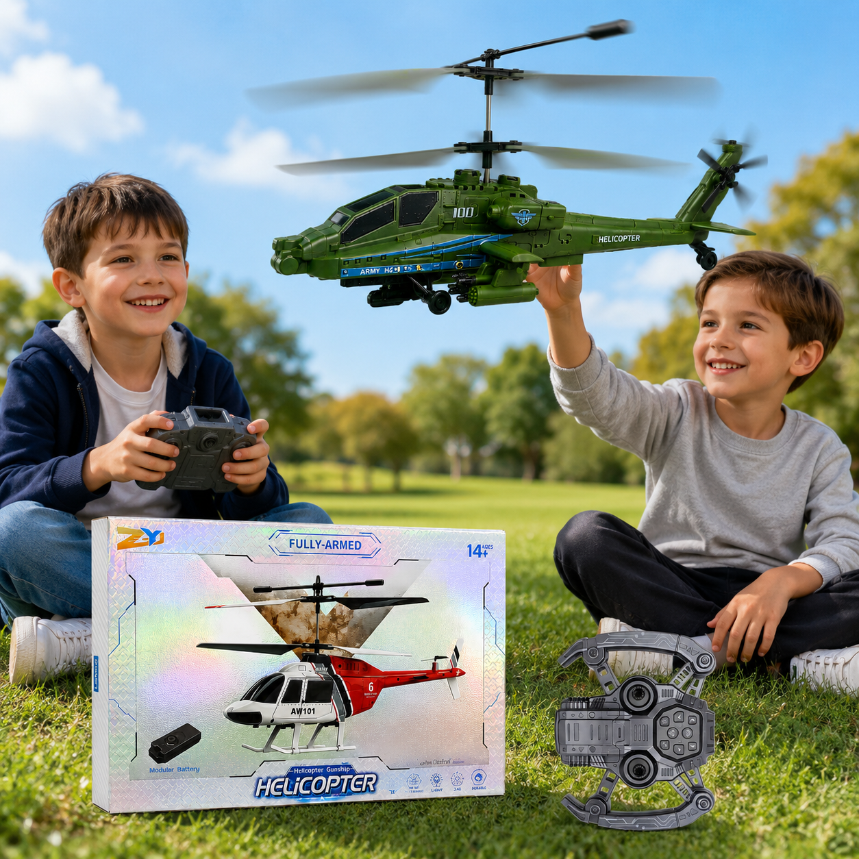 Fully Armed 2.4GHz Remote Control Military Helicopter Gunship with Omni-Directional Flight, Take-Off & Landing, LED Lights & USB Charging – Military Green
