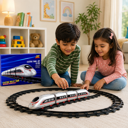 Joy Junction Electric Bullet Train DIY Track Set JJ758 – 13-Piece Battery Operated Simulation Train with Electric Drive, Easy-to-Assemble Railway Toy Train Set for Kids Boys & Girls