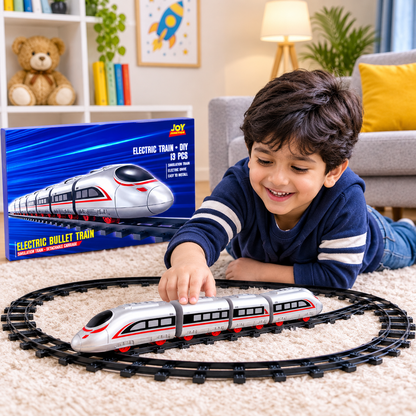 Joy Junction Electric Bullet Train DIY Track Set JJ758 – 13-Piece Battery Operated Simulation Train with Electric Drive, Easy-to-Assemble Railway Toy Train Set for Kids Boys & Girls