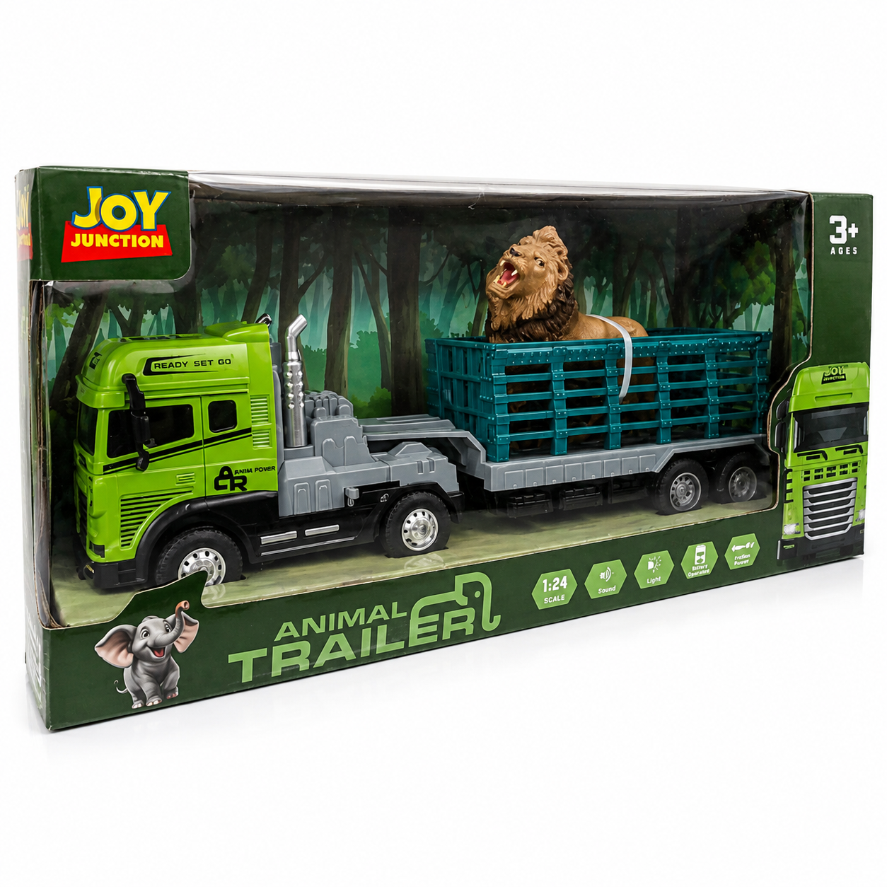 Joy Junction 1:24 Scale Diecast Animal Transport Truck JJ651 with Lion Figure | Friction Powered Trailer Truck, Diecast Metal Cab, Lights & Sound, Animal Carrier Toy for Kids Boys & Girls