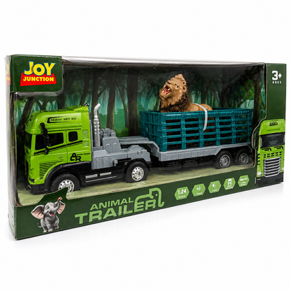 Joy Junction 1:24 Scale Diecast Animal Transport Truck JJ651 with Lion Figure | Friction Powered Trailer Truck, Diecast Metal Cab, Lights & Sound, Animal Carrier Toy for Kids Boys & Girls