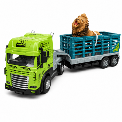 Joy Junction 1:24 Scale Diecast Animal Transport Truck JJ651 with Lion Figure | Friction Powered Trailer Truck, Diecast Metal Cab, Lights & Sound, Animal Carrier Toy for Kids Boys & Girls