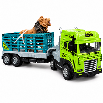 Joy Junction 1:24 Scale Diecast Animal Transport Truck JJ651 with Lion Figure | Friction Powered Trailer Truck, Diecast Metal Cab, Lights & Sound, Animal Carrier Toy for Kids Boys & Girls