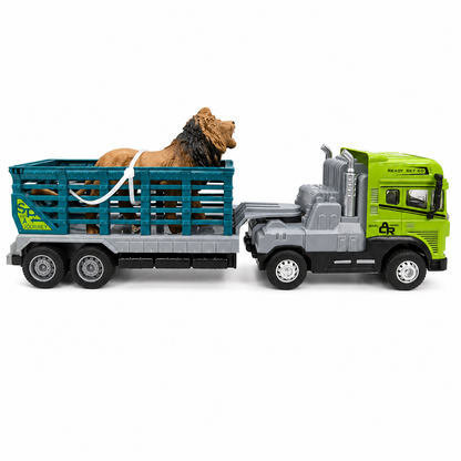 Joy Junction 1:24 Scale Diecast Animal Transport Truck JJ651 with Lion Figure | Friction Powered Trailer Truck, Diecast Metal Cab, Lights & Sound, Animal Carrier Toy for Kids Boys & Girls