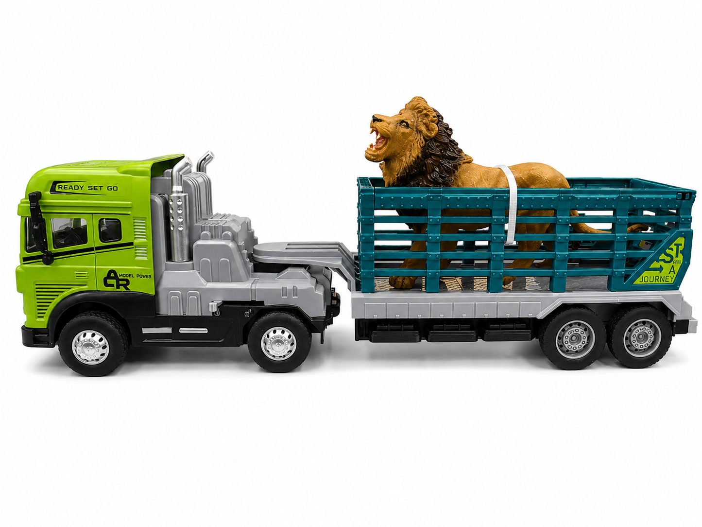 Joy Junction 1:24 Scale Diecast Animal Transport Truck JJ651 with Lion Figure | Friction Powered Trailer Truck, Diecast Metal Cab, Lights & Sound, Animal Carrier Toy for Kids Boys & Girls