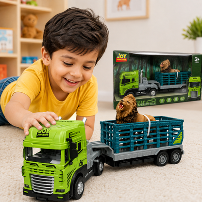 Joy Junction 1:24 Scale Diecast Animal Transport Truck JJ651 with Lion Figure | Friction Powered Trailer Truck, Diecast Metal Cab, Lights & Sound, Animal Carrier Toy for Kids Boys & Girls