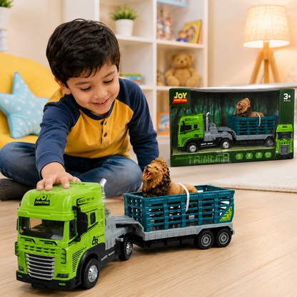 Joy Junction 1:24 Scale Diecast Animal Transport Truck JJ651 with Lion Figure | Friction Powered Trailer Truck, Diecast Metal Cab, Lights & Sound, Animal Carrier Toy for Kids Boys & Girls