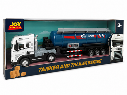 Joy Junction 1:24 Scale Die-Cast Oil Tanker Truck | Friction Powered Fuel Tanker Trailer with Die-Cast Metal Cab, Lights & Sound, Heavy Duty Transport Toy for Kids Boys & Girls