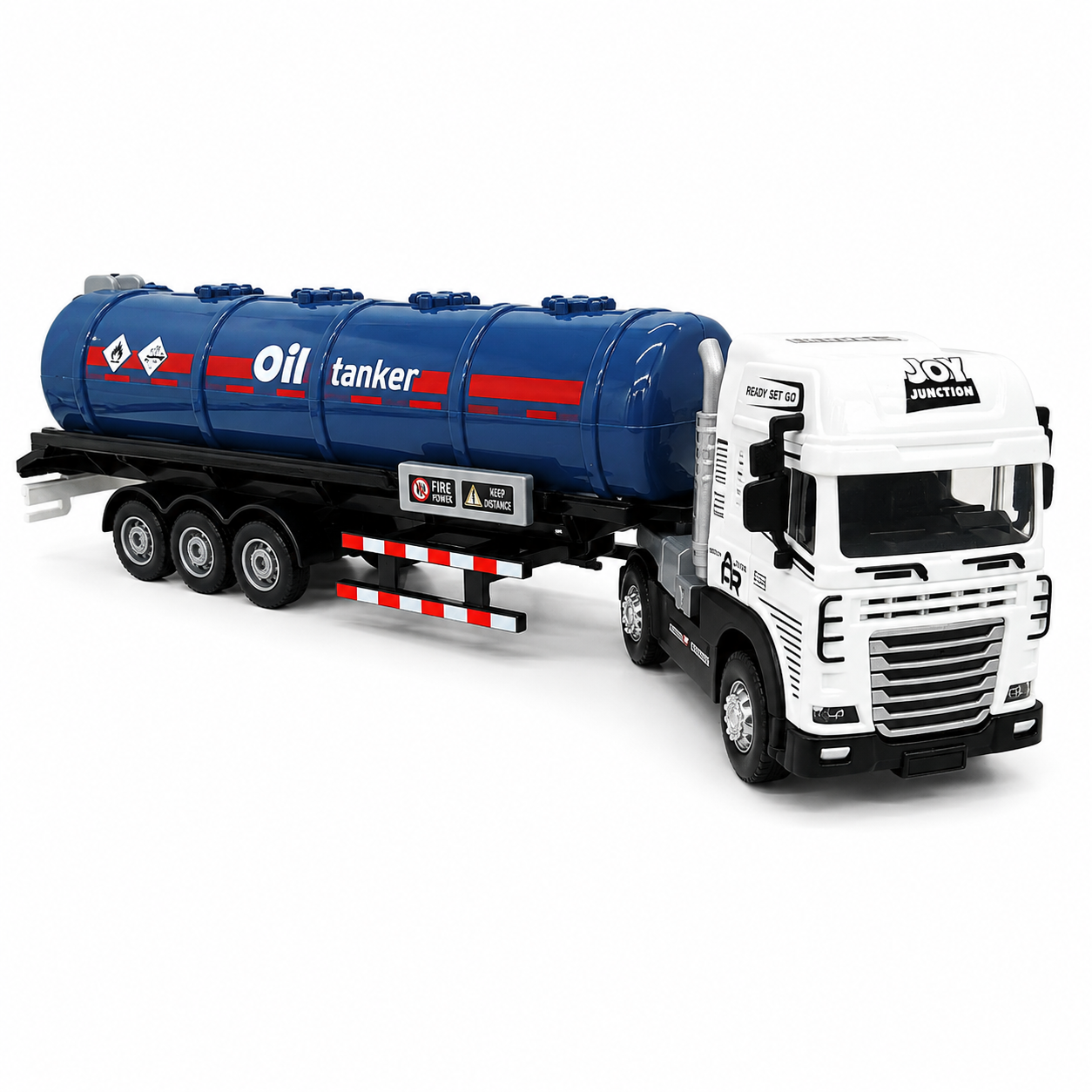 Joy Junction 1:24 Scale Die-Cast Oil Tanker Truck | Friction Powered Fuel Tanker Trailer with Die-Cast Metal Cab, Lights & Sound, Heavy Duty Transport Toy for Kids Boys & Girls