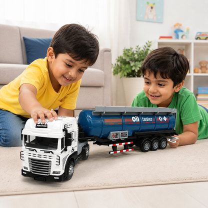 Joy Junction 1:24 Scale Die-Cast Oil Tanker Truck | Friction Powered Fuel Tanker Trailer with Die-Cast Metal Cab, Lights & Sound, Heavy Duty Transport Toy for Kids Boys & Girls