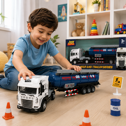 Joy Junction 1:24 Scale Die-Cast Oil Tanker Truck | Friction Powered Fuel Tanker Trailer with Die-Cast Metal Cab, Lights & Sound, Heavy Duty Transport Toy for Kids Boys & Girls