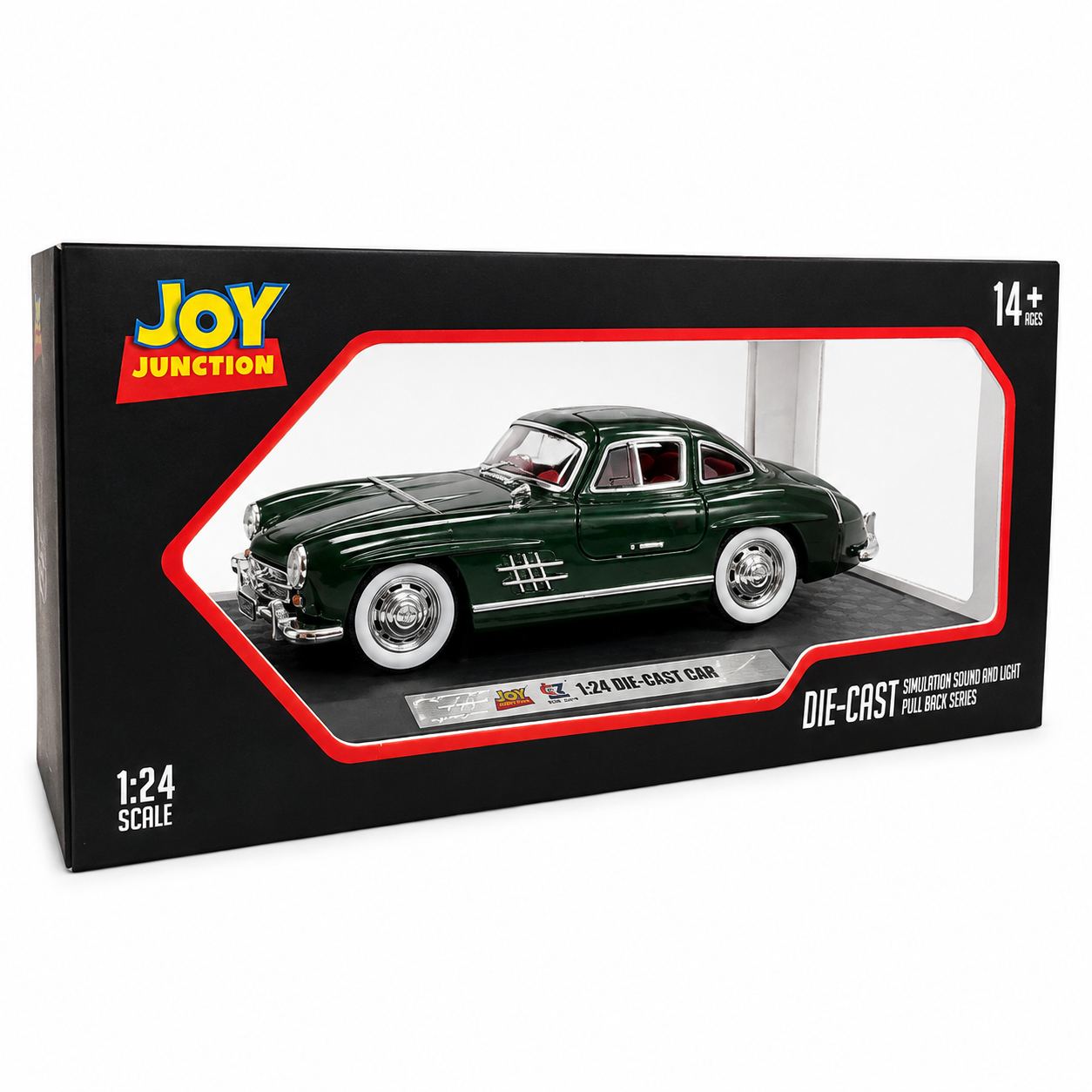 Mercedes-Benz 300SL Gullwing 1:24 Scale Die-Cast JJ222 Model Car with Smoke Effect, Lights & Sound | Pull Back Alloy Sports Car with Opening Doors, Hood & Trunk | Dark Green
